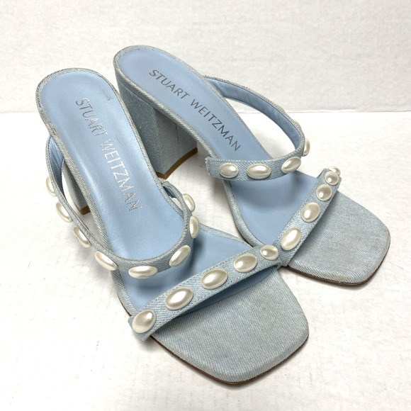 STUART WEITZMAN Pearlita Studded Denim Slide Sandal Light Blue Open Toe 10 - Picture 2 of 8